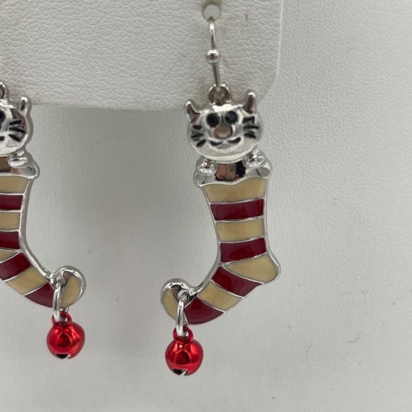 Christmas Stockings And Kitten Cat Jingle Bells Pierced Earrings - Picture 3 of 9